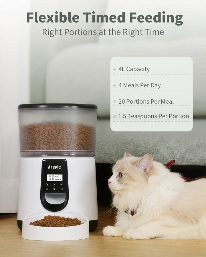Automatic Cat Feeder, 4L Auto Cat Food Dispenser with Programmable Timer Feeder and Portion Control Automatic Pet Food Feeder for Small &amp; Medium Cats Dogs with Desiccant Bag &amp; Voice Recorder