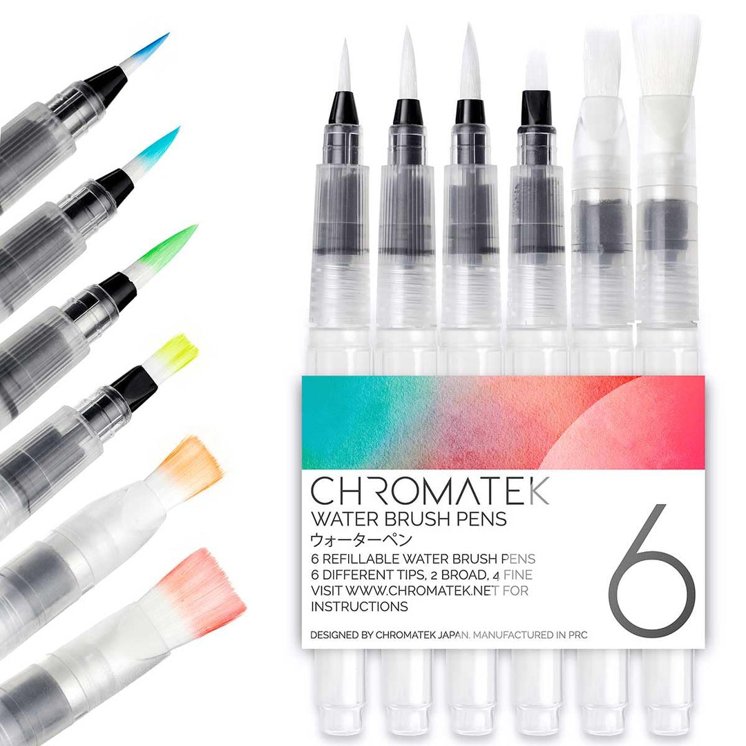 Water Brush Pens by Chromatek. Set of 6 Aqua Pen Painting Brushes. Including Online Video Tutorials and Downloadable Picture Templates. Ideal for All Water Soluble Pigment and Watercolor Media