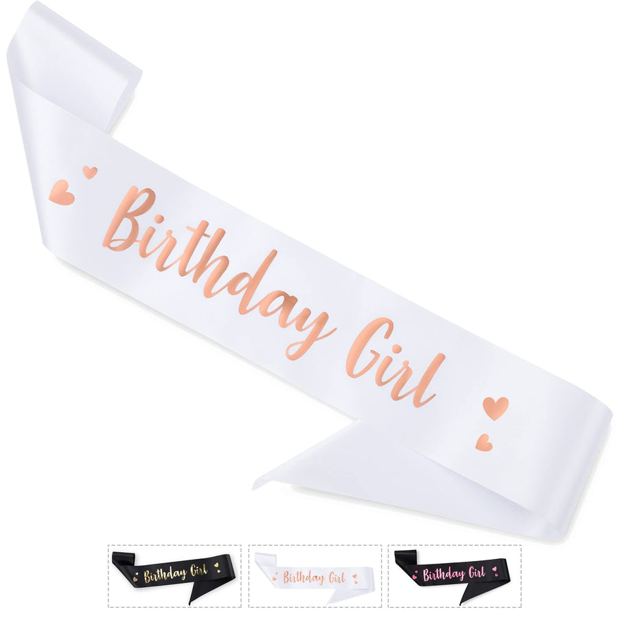 'Birthday Girl' Sash with Rose Gold Foil - Soft Satin White Sash for Women - Happy Birthday Sash for Sweet 16, 18th 21st 25th 30th 40th 50th or Any Other Bday