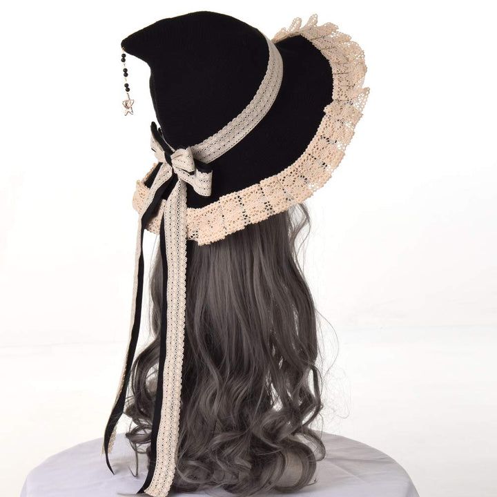 Women Witchs Hat Wool Knit Cap for Halloween Christmas Costume Party (Black beige)