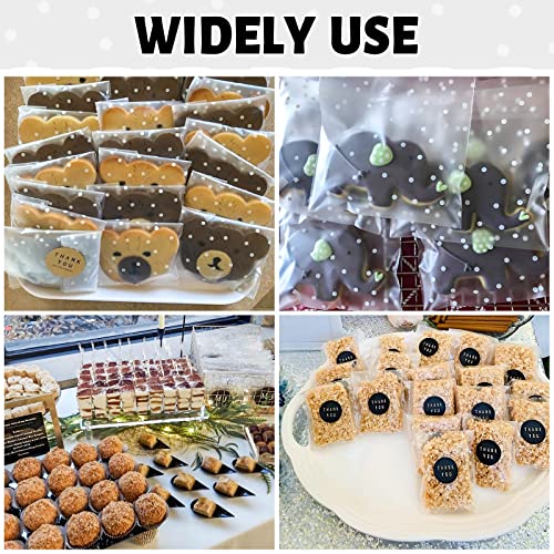 NPLUX 200PACK Self Sealing Cellophane Bags Cookie Bags for Gift Giving Clear Treat Bags with Stickers(White Polka Dot,5.5x5.5 INCH)