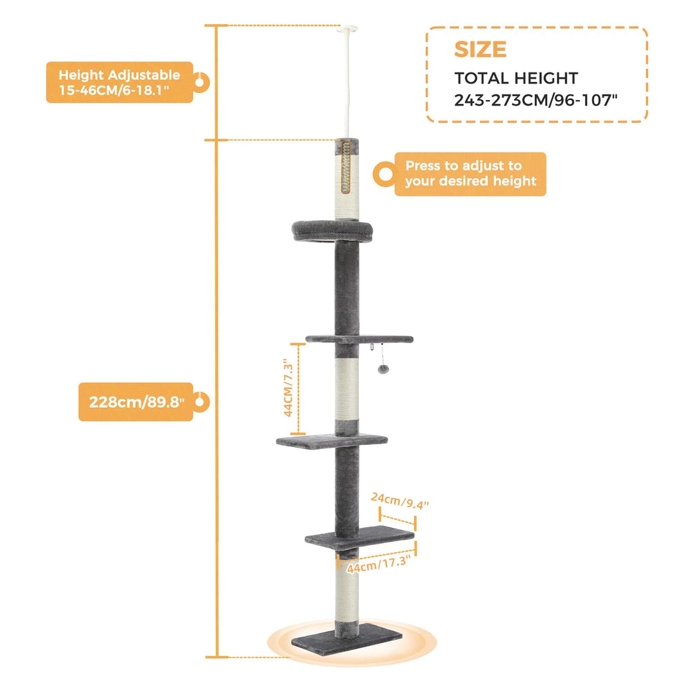 Cat Tower 5-Tier Floor to Ceiling Cat Tree Height(95-107 Inches) Adjustable, Tall Climbing Tree Featuring with Scratching Post, Cozy Bed,Interactive Ball Toy for Indoor Cats/Kitten Grey