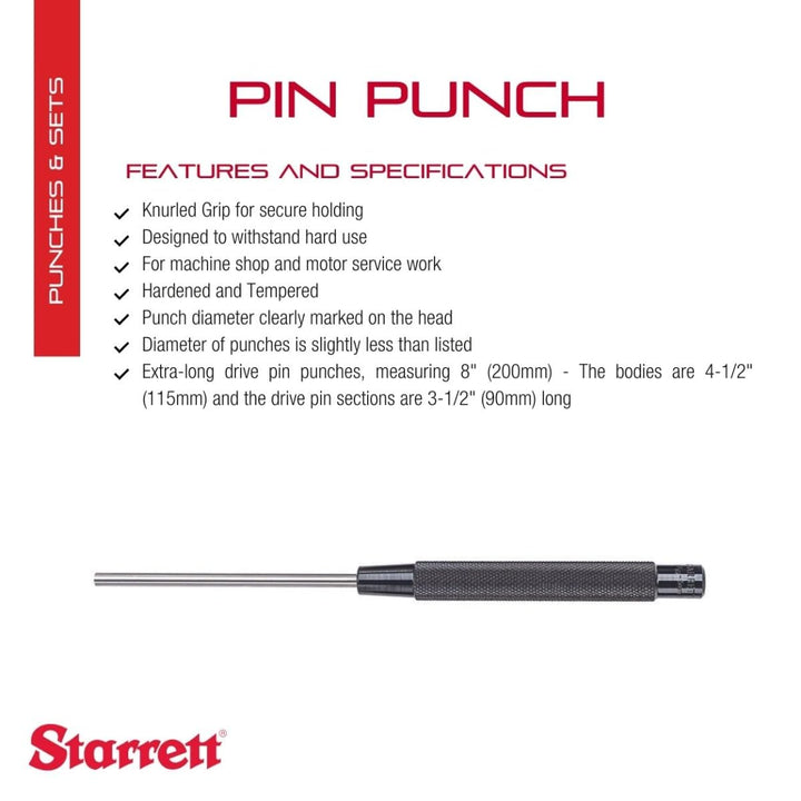 Extra-Long Drive Pin Punch with Knurled Grip for Driving Pins Into or Out of a Workpiece - Hardened and Tempered Steel, 8 Length, 3/16 Punch Diameter - 248B