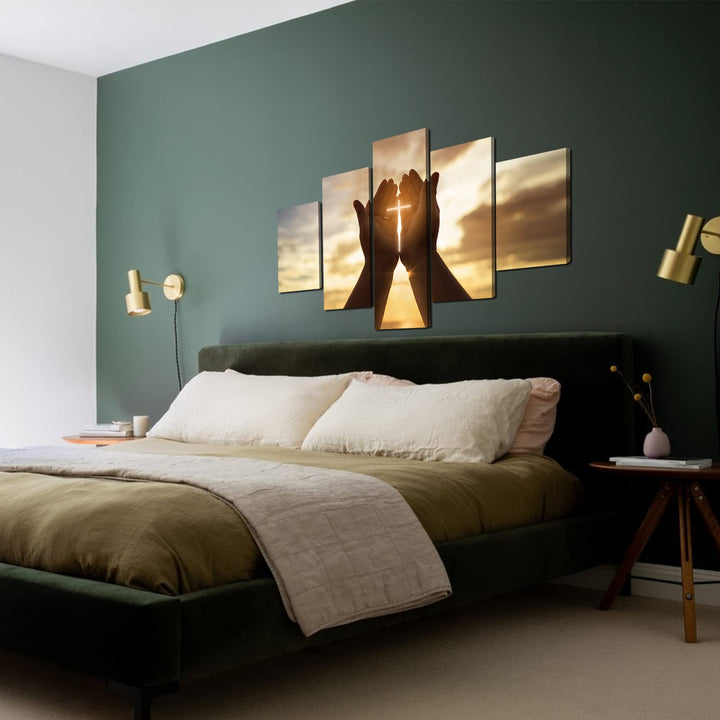 Jesus Christ Canvas Wall Art Jesus Hands Prayer Cross in Hands Poster 5 Pieces Artwork Painting for Living Room Home Decoration Suitable for Church(Unframed,YSWL-06)