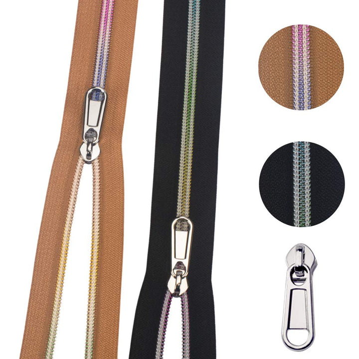 VOC Zippers for Sewing,5# Zippers-Nylon Coil Zippers by The Yard,Rainbow Teeth Multicolor 10 Yard with 20PCS White Gold Zipper Slider for Tailor Crafts (Black+Khaki Tape)