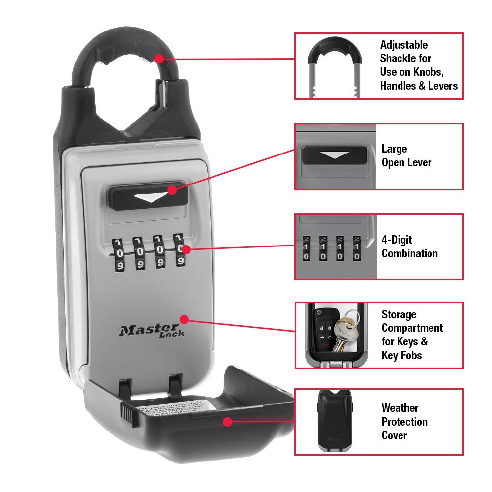 Black Portable Key Lock Box with Adjustable Shackle, Set/Reset Combination for Tenants, Guests, Clients, Ideal for Realtors, Landlords or Property Managers, Holds 6 Keys, 5420EC