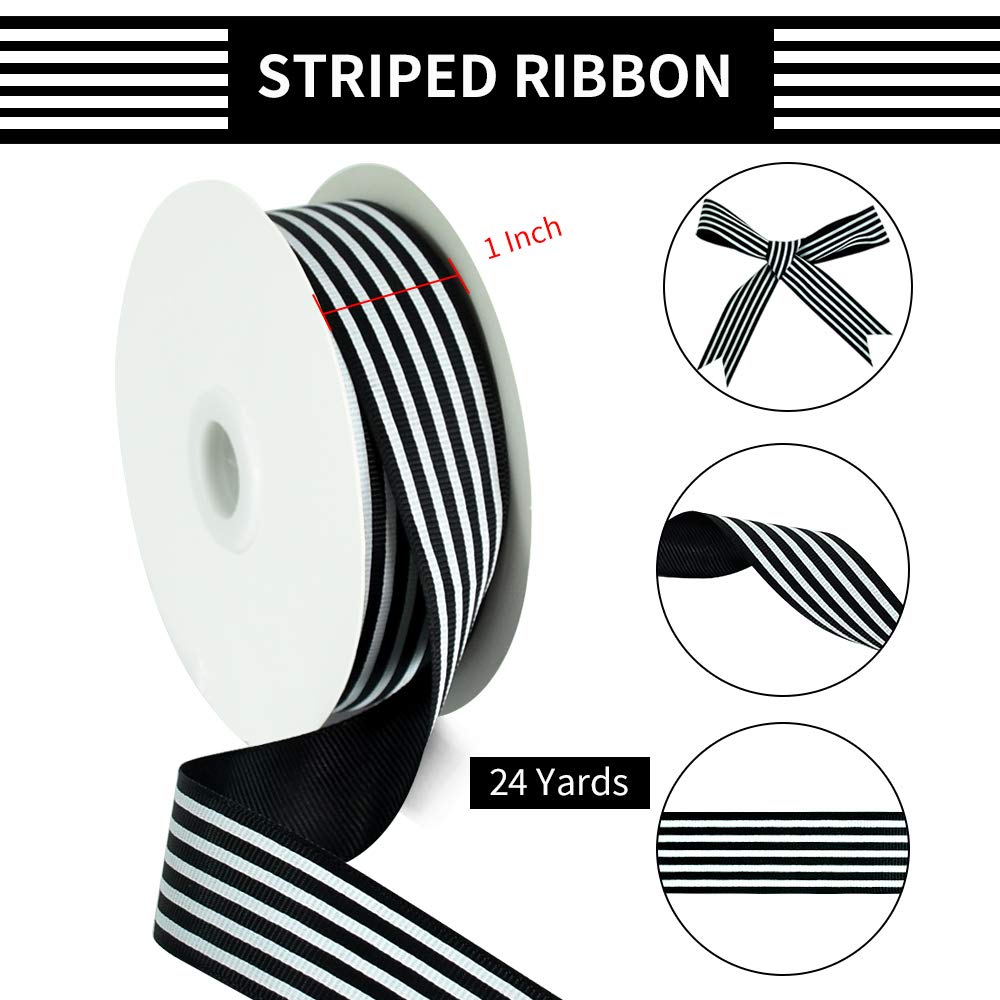 Black White Striped Ribbon 1 Inch Wide Fabric Grosgrain