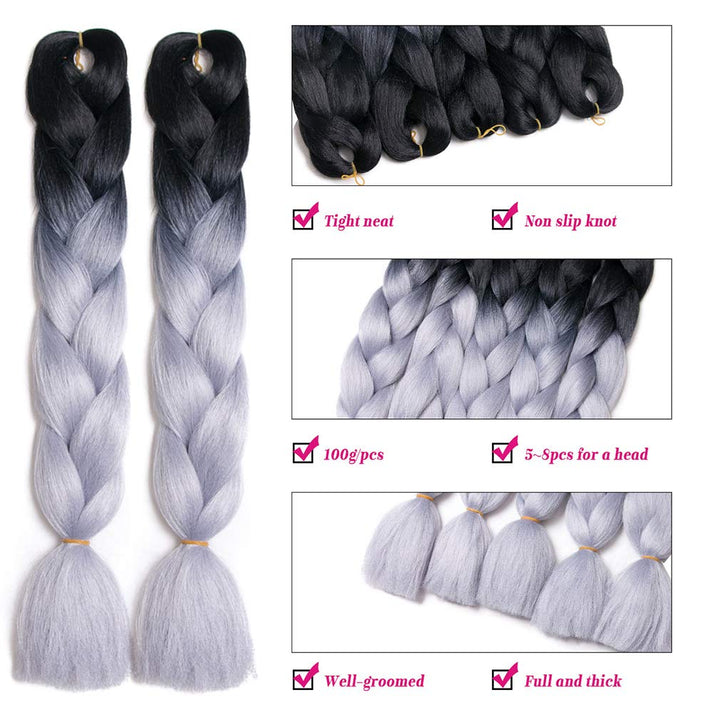 Ombre Braiding Hair 24inch Jumbo Braids High Temperature Fiber Synthetic Hair Extension 5pcs/Lot 100g/pc for Twist Braiding Hair (24inch(Pack of 5), Black- Grey)