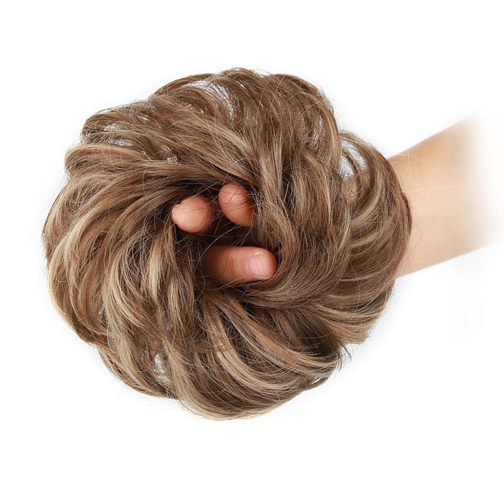 1PCS Messy Hair Bun Hair Scrunchies Extension Curly Wavy Messy Synthetic Chignon for Women (12H24#(Light Golden Brown &amp; Pale Golden Blonde))