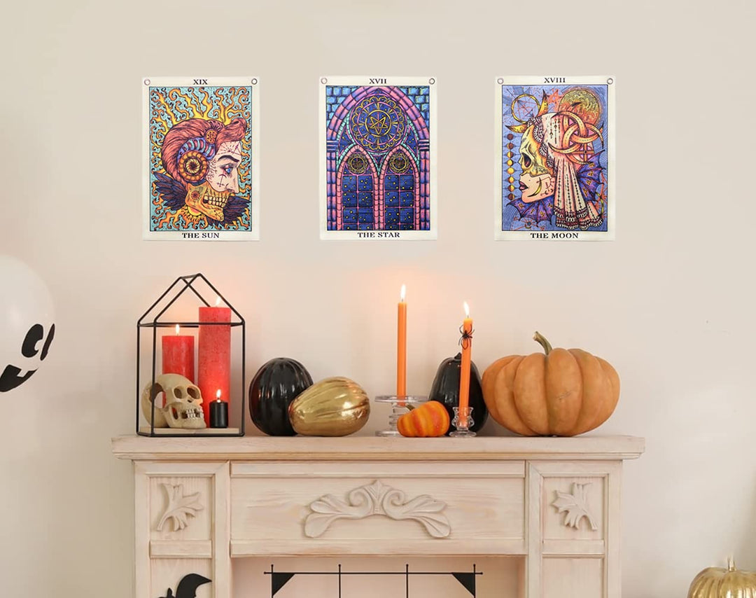 Tarot Tapestry Blacklight Tapestry UV Reactive Sun Moon Wall Trippy Tapestry for Bedroom Aesthetic (Sun Moon Star Set, 13&#39;&#39;x18&#39;&#39;Each)