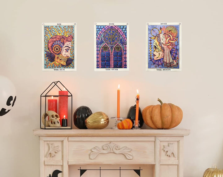 Tarot Tapestry Blacklight Tapestry UV Reactive Sun Moon Wall Trippy Tapestry for Bedroom Aesthetic (Sun Moon Star Set, 13&#39;&#39;x18&#39;&#39;Each)