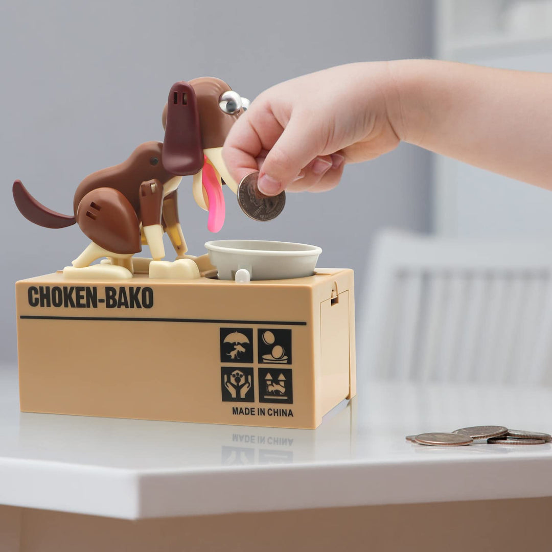 Cute Dog Piggy Bank, Hungry Puppy Stealing Coins Like Magic Coin Munching Money Bank Birthday Gift for Kids (Brown)