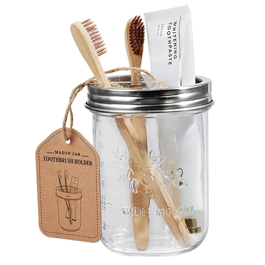 Mason Jar Bathroom Accessories Set 4 Pcs -Lotion Soap Dispenser &amp; 2 Cotton Swab Holders &amp; Toothbrush Holder - Rustic Farmhouse Decor, Bathroom Home Decor, Perfect Decorating Idea (Grey)