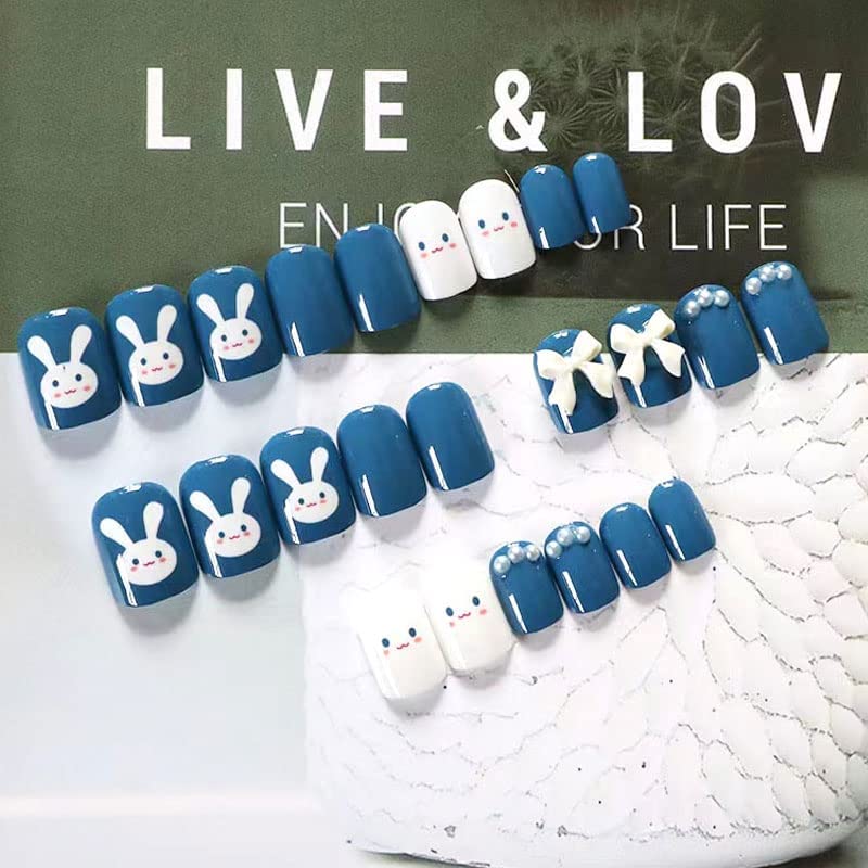 Cute Fake Press on Nails for Women Kid Cute Rabbit Fake Nails Pre-glue Short Full Cover False Nail Tips Stick on Nails Lovely Gift Girls Nail Art Decoration -Blue