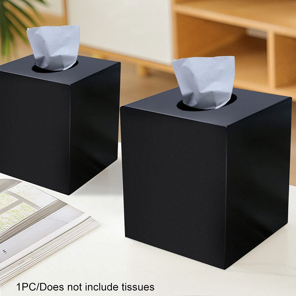 Square Tissue Box Cover, Matt Black Tissue Box Holder, Modern Bamboo Facial Paper Holder for Kitchen, Countertop, Bathroom, Desktop, Living Room, Car, Office