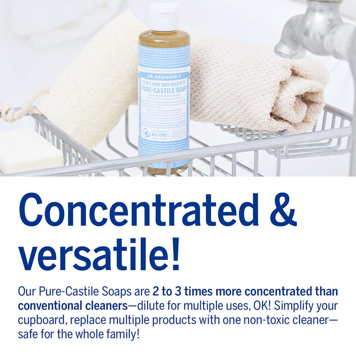 Dr. Bronner&#39;s - Pure-Castile Liquid Soap (Baby Unscented, 4 Ounce) - Made with Organic Oils, 18-in-1 Uses: Face, Hair, Laundry, Dishes, For Sensitive Skin, Babies, No Added Fragrance, Vegan, Non-GMO