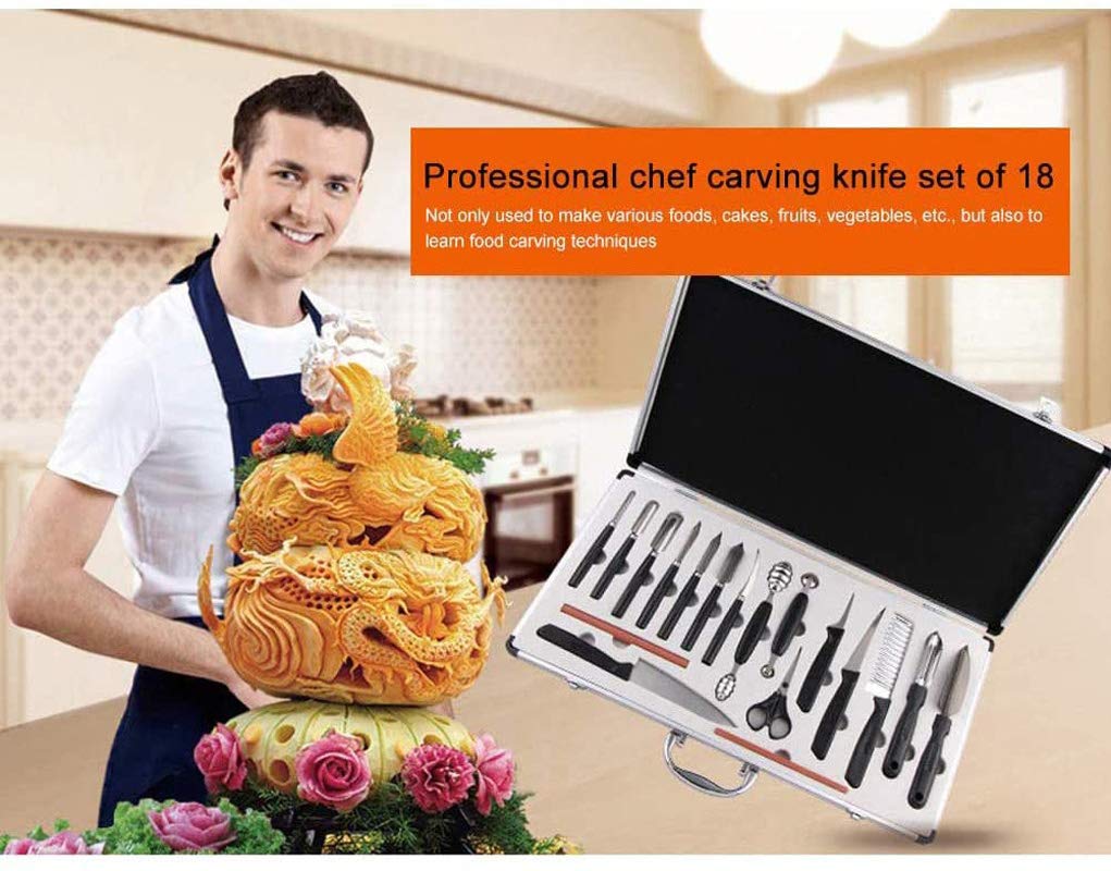 18PCS Portable Vegetable Fruit Food Cake Carving Knife Peeling Culinary Kitchen Sculpting Modeling Tools Kit for Chef DIY with Carry Box