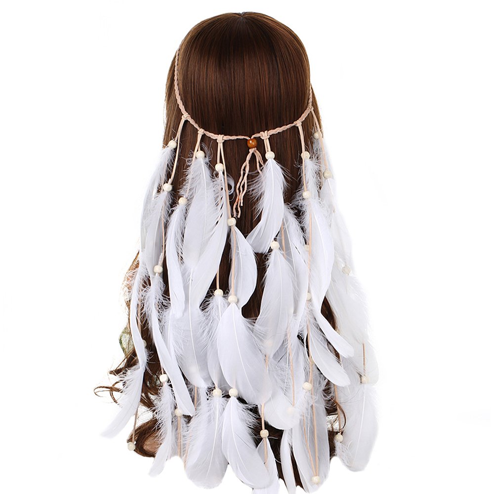 White : AWAYTR New White Feather Headband Women Festiva