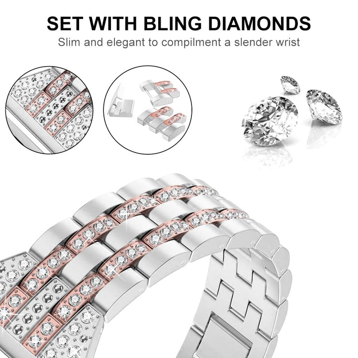 Bands Compatible with Fitbit Versa 2/Versa Lite/Versa, Women Replacement Metal Rhinestone Bling Bracelet Wristband, Silver with Rose Gold