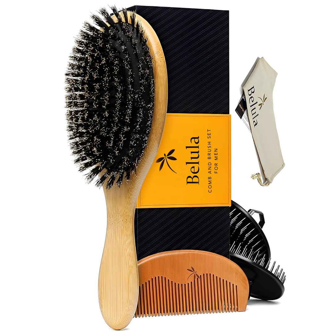 Soft Bristle Brush Set for Men - Hairbrush for Thin, Normal and Short Hair, Wooden Comb, 2 Palm Brushes &amp; Travel Bag Included