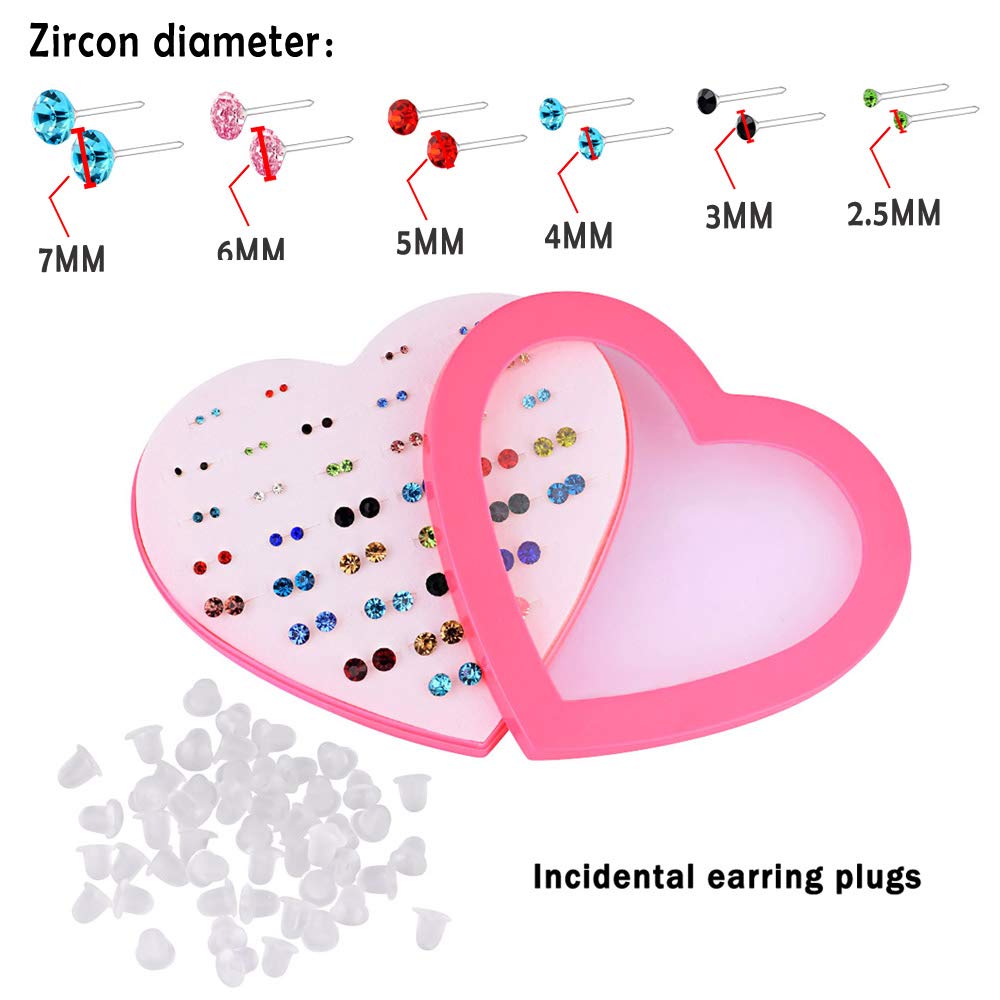 16G 72PCS Universal Zircon Plastic Silcone Anti-Allergy Studs Ear Nail Ear Needle Mixed Color Set Earrings Set for Women