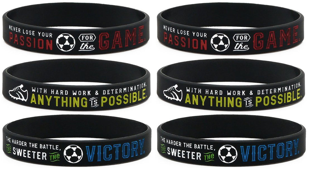 Soccer Silicone Wristbands with Motivational Sayings (6-pack) - Soccer Bracelets Jewelry Gifts
