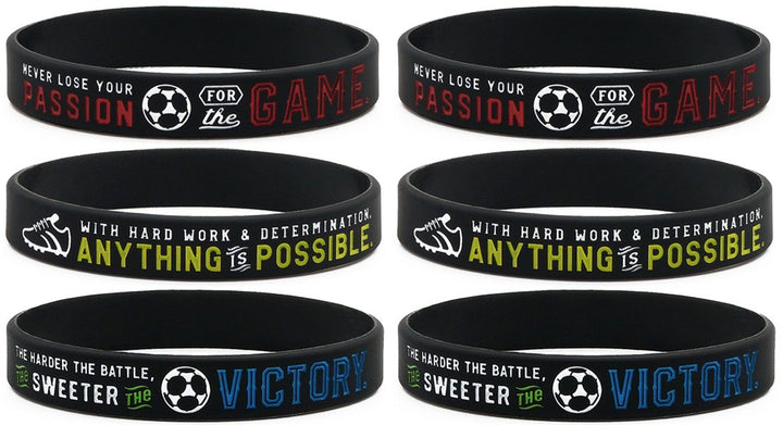 Soccer Silicone Wristbands with Motivational Sayings (6-pack) - Soccer Bracelets Jewelry Gifts