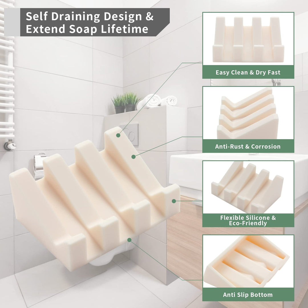 Silicone Soap Dish with Drain for Shower, Soap Saver, Self Draining Bar Soap Holder for Shower/ Bathroom/ Kitchen, Waterfall Bar Soap Holder Tray, Sponge Holder, Easy Cleaning (Beige)
