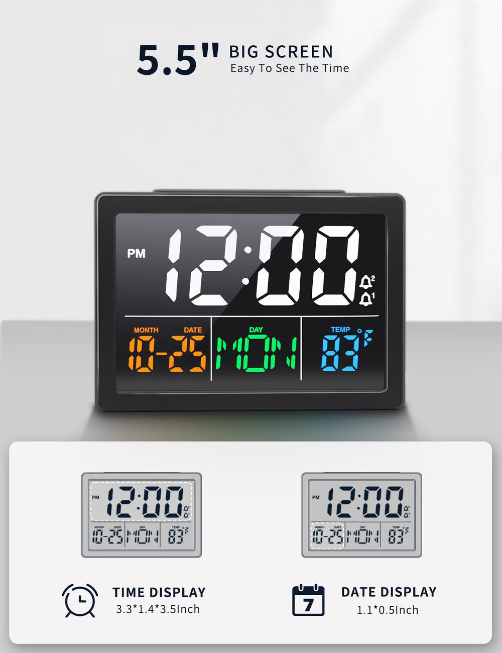 Digital Alarm Clock, with 5.5 Large LED Time Display, Adjustable Alarm Volume, 6 Level Brightness, Alarm Settings, USB Charger, Temperature Detect, Snooze, Clocks for Bedroom, Bedside, Desk, Black
