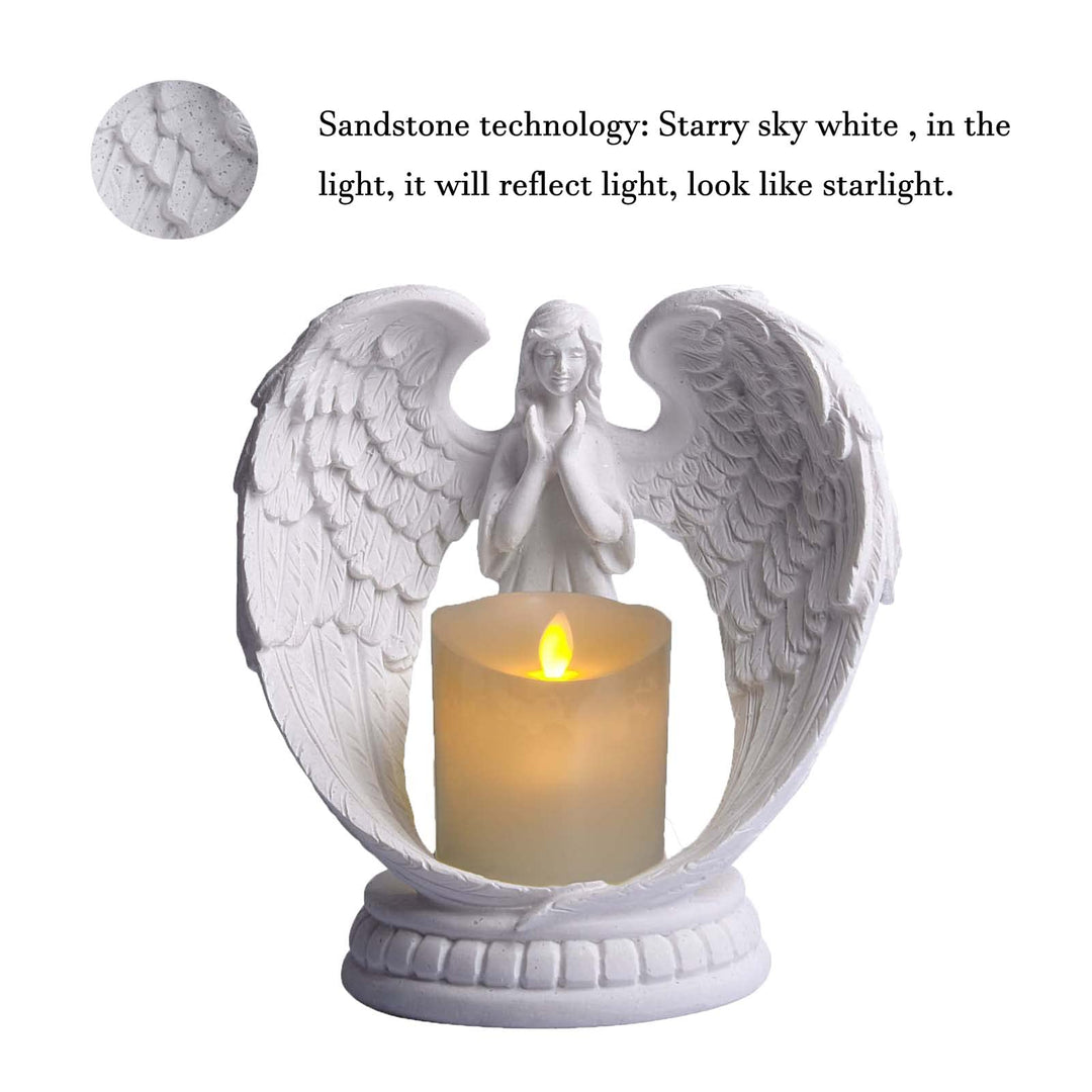 Starry White Angel Wing Praying Sandstone Statue Angel Figurine Prayer Home Decoration Memorial LED Candle Holder 6Inch (Sandstone Process)