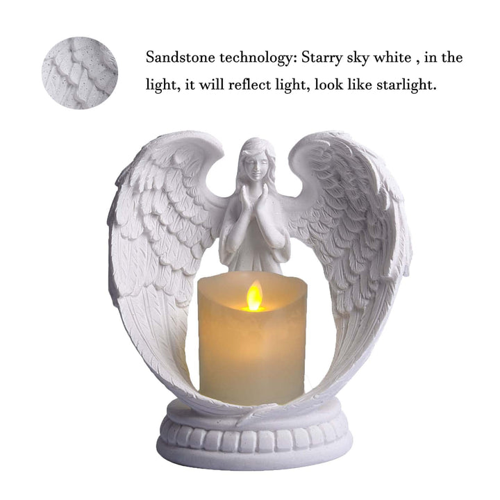Starry White Angel Wing Praying Sandstone Statue Angel Figurine Prayer Home Decoration Memorial LED Candle Holder 6Inch (Sandstone Process)