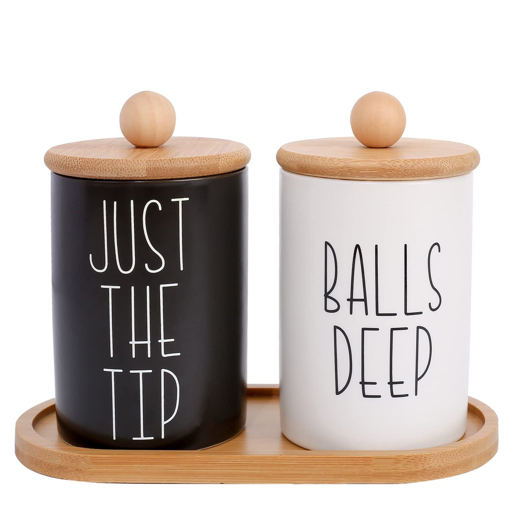 Funny Qtip Holder and Cotton Ball Holder Set for Bathroom Organization. Apothecary Jars with Bamboo Tray are Great for Black and White Bathroom Decor, Rustic Bathroom Decor. (Ceramic&amp;Tray)