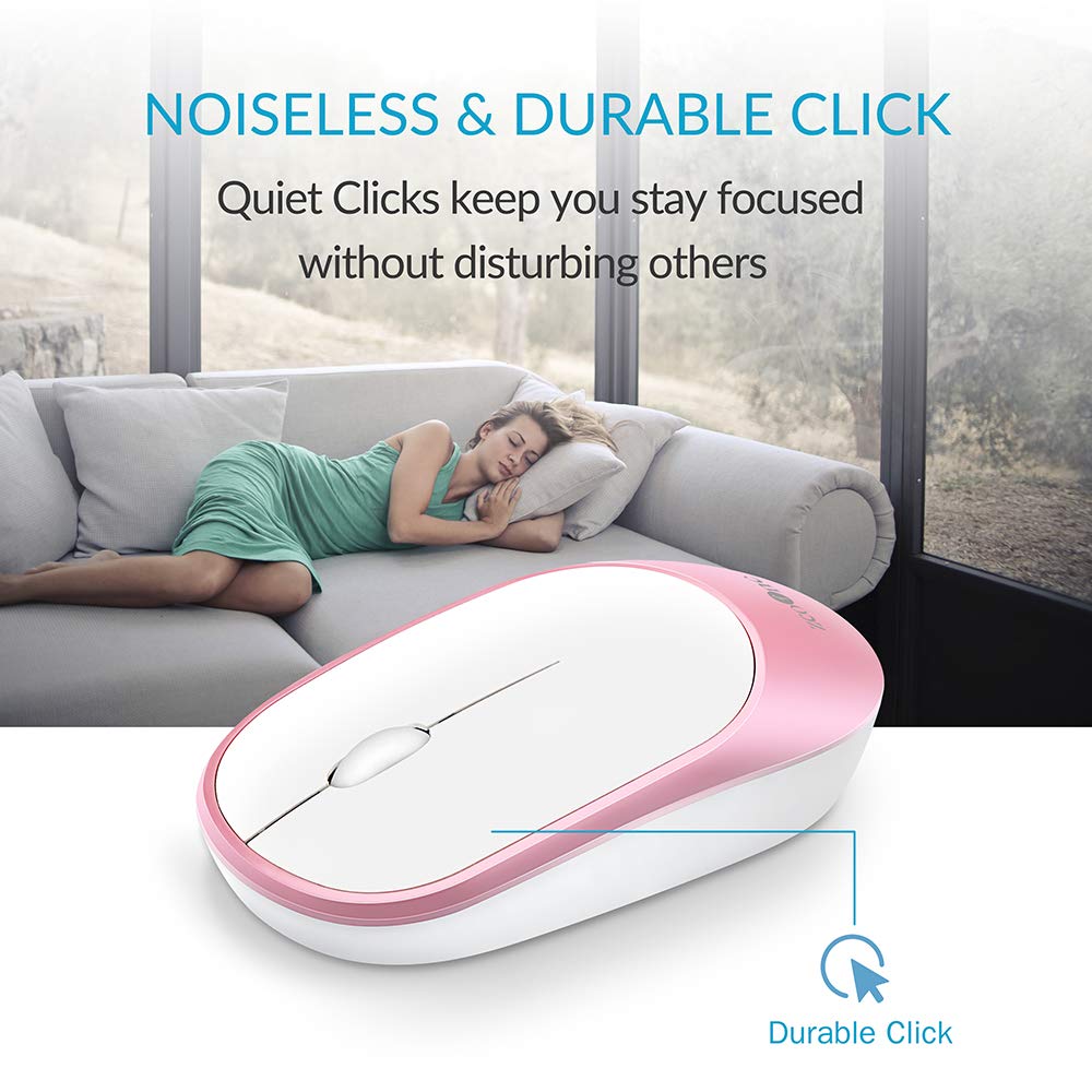 Slim Wireless Mouse, Computer Mouse 2.4G Silent Click Cordless Optical Mice with USB Receiver for Laptop, MacBook, Desktop, PC, Notebook- White and Pink
