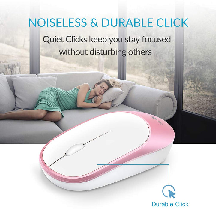 Slim Wireless Mouse, Computer Mouse 2.4G Silent Click Cordless Optical Mice with USB Receiver for Laptop, MacBook, Desktop, PC, Notebook- White and Pink
