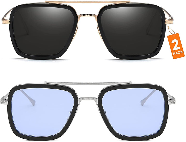 2PCS Retro Square Pilot Metal Sunglasses for Men Women Trendy Rectangular Black Blue Glasses Eyewear