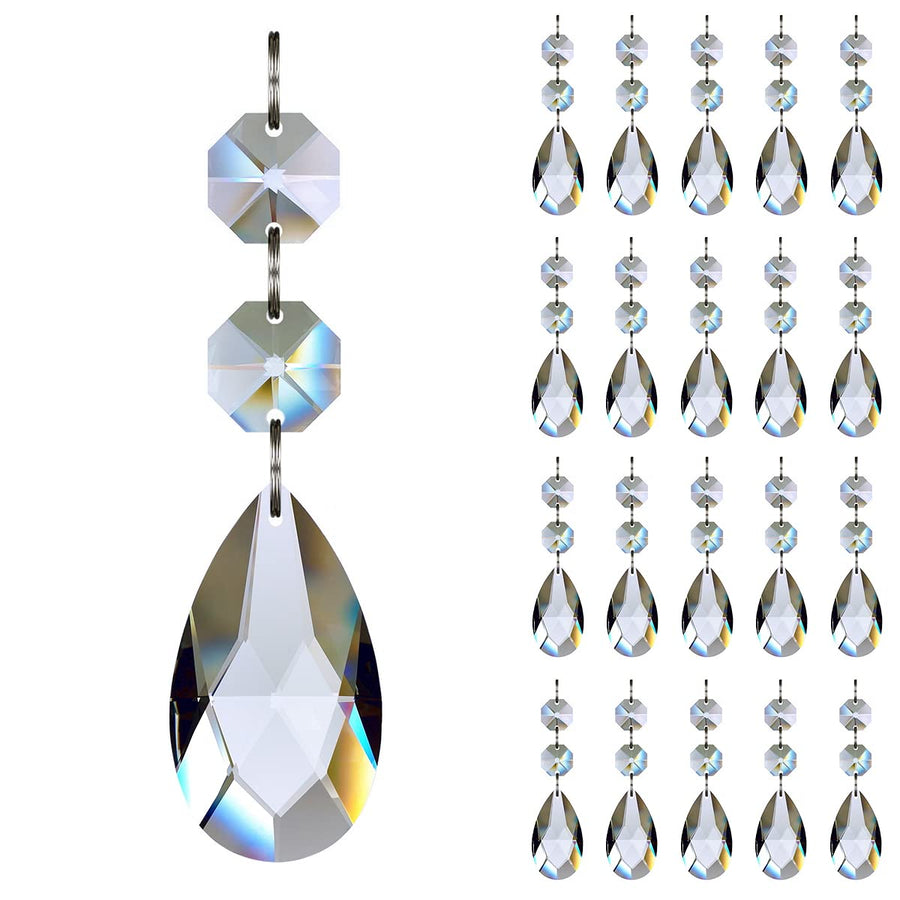 20pcs 28mm Teardrop Chandelier Crystals, Clear Crystal Chandelier Prisms Pendants Parts Connected Glass Octagon Beads Hanging Garland Decoration
