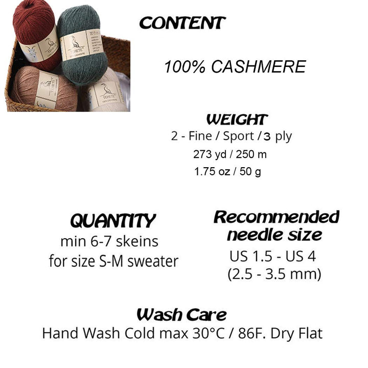 TEHETE 100% Cashmere Yarn for Crocheting 3-Ply Warm Sof