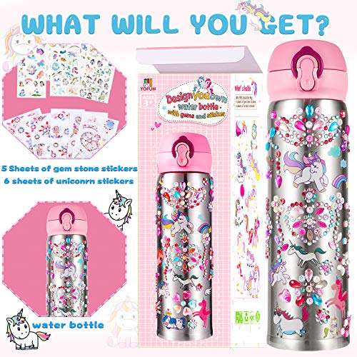 YOFUN Decorate Your Own Water Bottle with 11 Sheets of Unicorn Stickers &amp; Glitter Gems, Craft Kit &amp; Art Kit for Children, Gift for Girls Age 4 5 6 7 8 9 10 Years Old Kids, BPA Free Insulated (Silver)