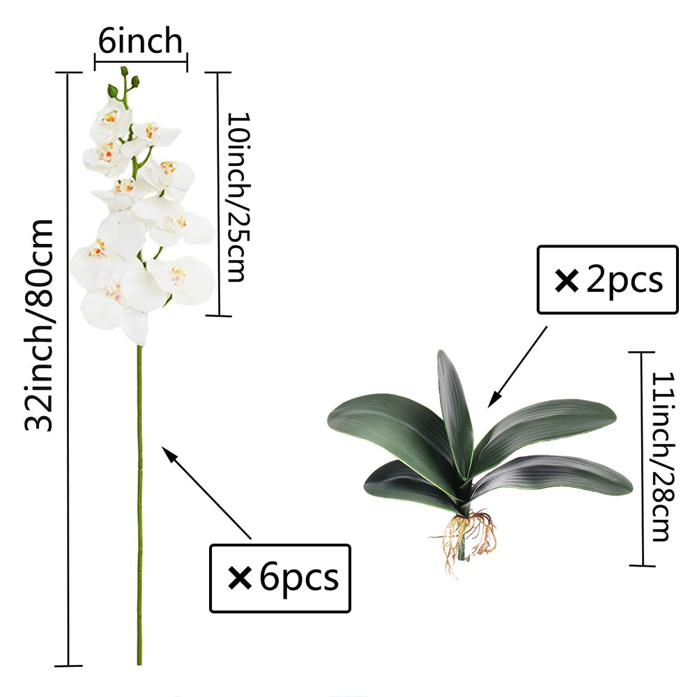 6 Pcs Artificial Phalaenopsis Flowers with 2 Bundles Leaves Artificial Orchid Flowers Stem Plants for Home Décor