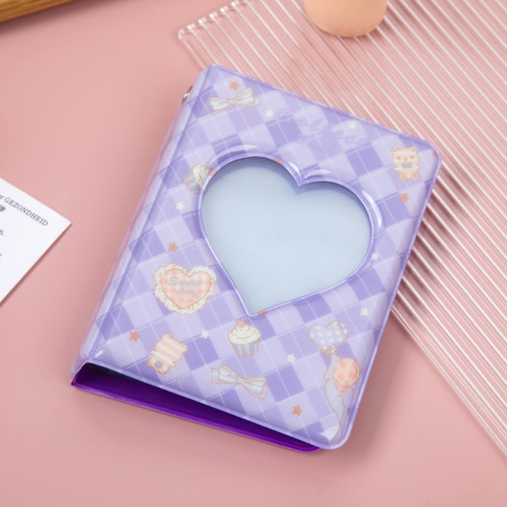 3 Inch Mini Photo Album, Heart Hollow Card Binder Photo Album Photo Card Holder with Pendant 40 Pockets (purple plaid)