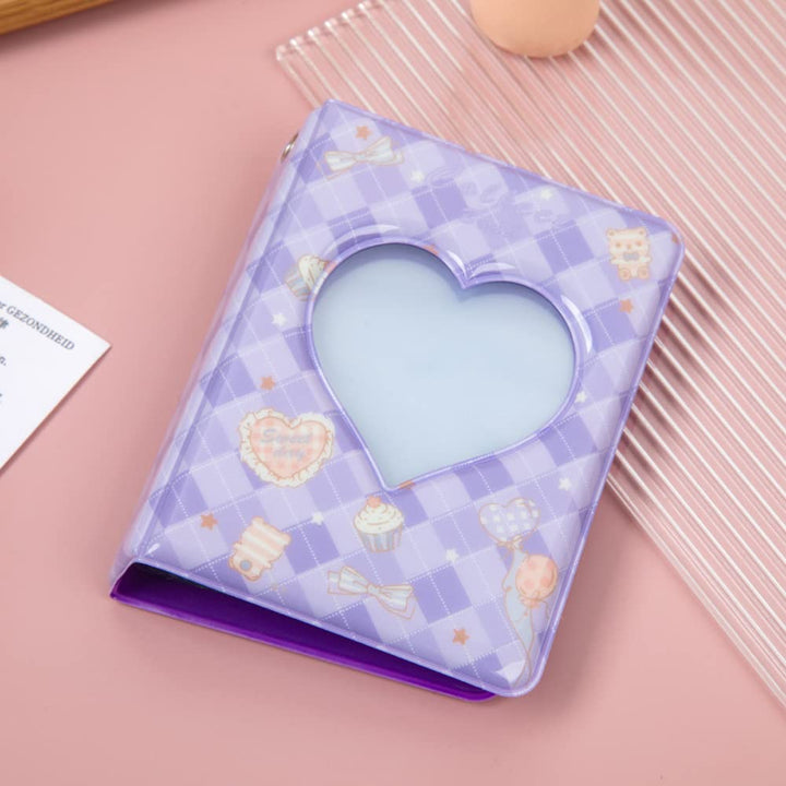 3 Inch Mini Photo Album, Heart Hollow Card Binder Photo Album Photo Card Holder with Pendant 40 Pockets (purple plaid)