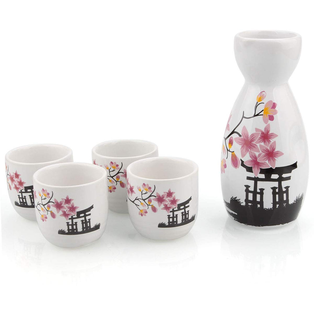 Japanese Sake Set, 1 Tokkuri Bottle &amp; 4 Ochoko Cups, Spring Blossoms Ceramic Sake Set Microwave and Dishwasher Safe
