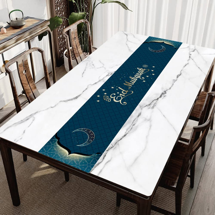 Ramadan Mubarak Table Runner with 71X13.8 inch,Eid Mubarak Table Runner,Muslim Islamic Table Runner for Eid Mubarak Party Decorations Home Dinning Room Decoration (Bluegreen)