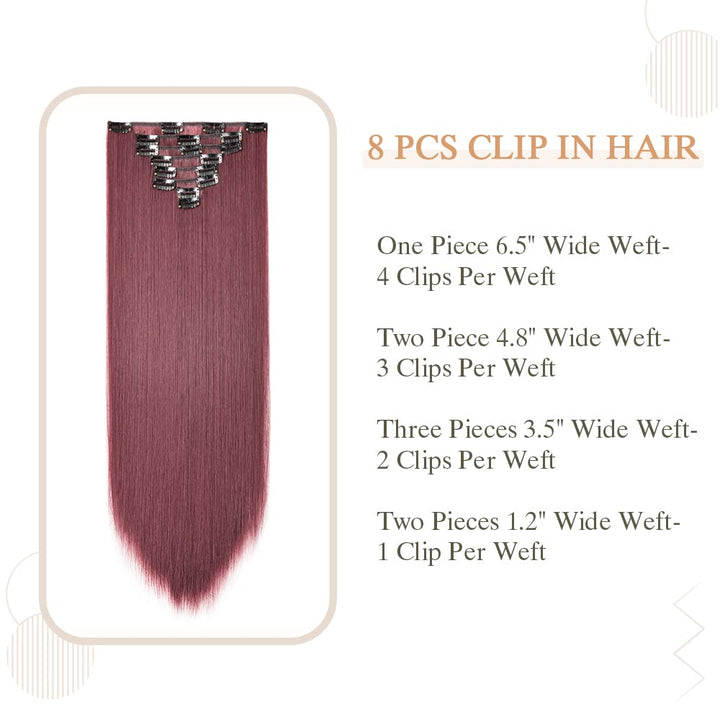 8PCS Clip in Hair Extensions Wine Red Burgundy Highlight Seamless Double Weft Hair Extensions Full Head 18 Clips Women Hairpiece 26 Straight Tangle-free Silky Soft Party Valentines