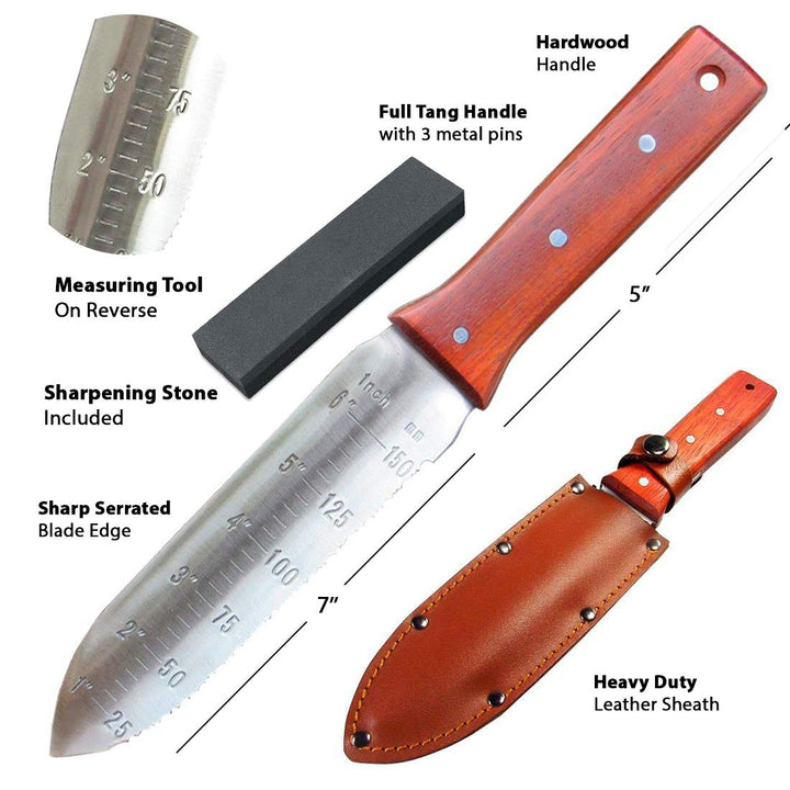 Hori Hori Garden Knife [7 Inches, Japanese Stainless Steel] Durable Gardening Tool for Weeding, Digging, Cutting &amp; Planting with Leather Sheath and Sharpening Stone