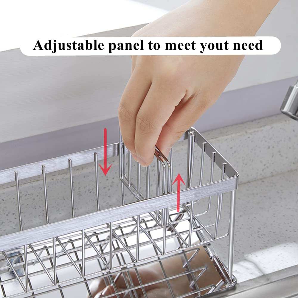 Kitchen Sink Caddy Organizer, 304 Stainless Steel Sponge Holder Sink Caddy for Dish Rags Brush Soap Scrubber with Auto Drain Tray