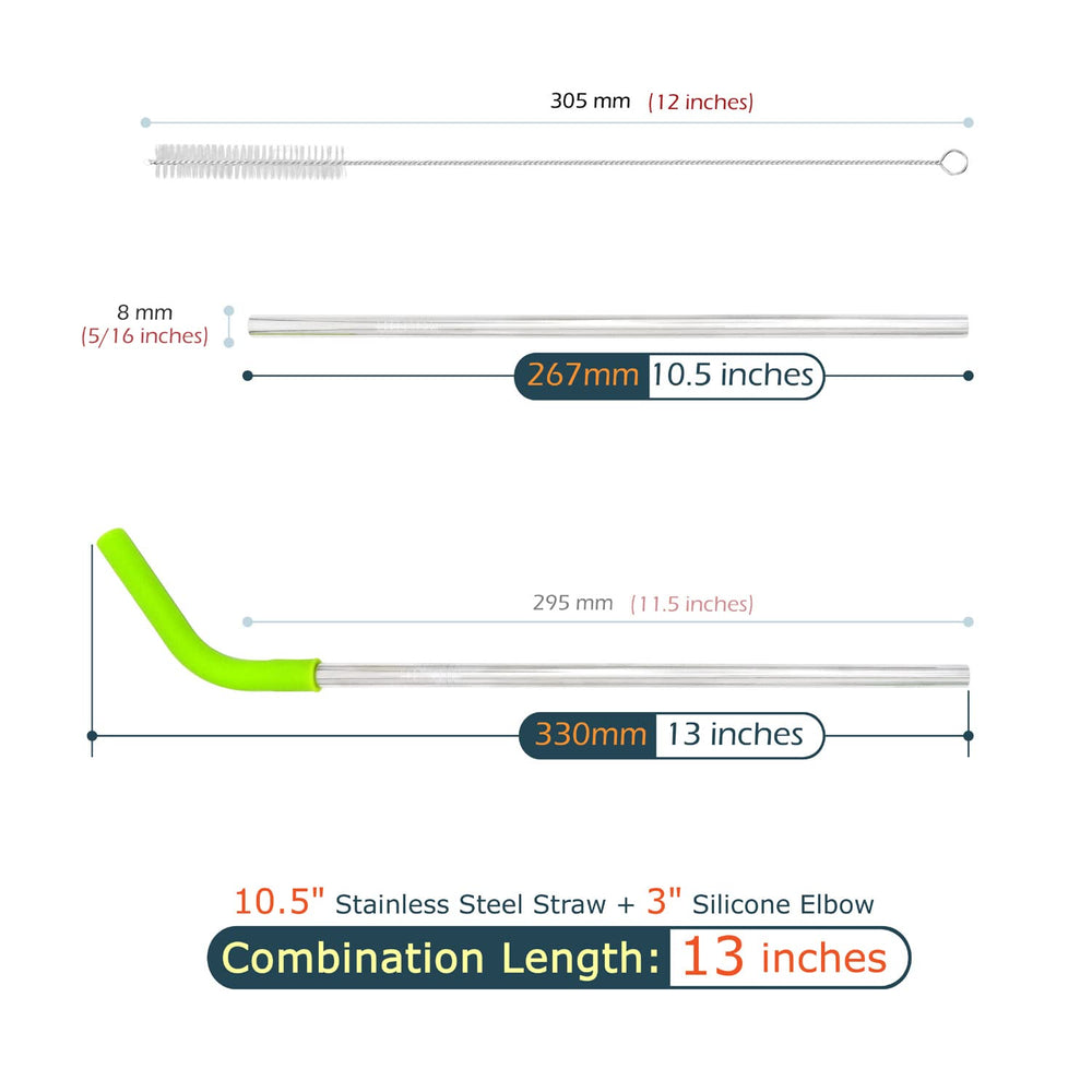 Big Drinking Straws Reusable 13 Extra Long 8mm Extra Wide Food-Grade 18/8 Stainless Steel Silicone Elbows Tips for Smoothie Milkshake Cocktail Juice Hot Drinks - Set of 4 + 2 Cleaning Brushes
