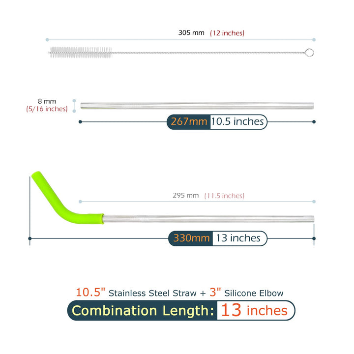 Big Drinking Straws Reusable 13 Extra Long 8mm Extra Wide Food-Grade 18/8 Stainless Steel Silicone Elbows Tips for Smoothie Milkshake Cocktail Juice Hot Drinks - Set of 4 + 2 Cleaning Brushes