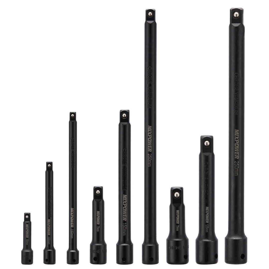 9-Piece Extension Bar Set, 1/4, 3/8 and 1/2 Drive Socket Extension, Premium Chrome Vanadium Steel with Black Phosphate Finish, Engineered for Impact Drivers
