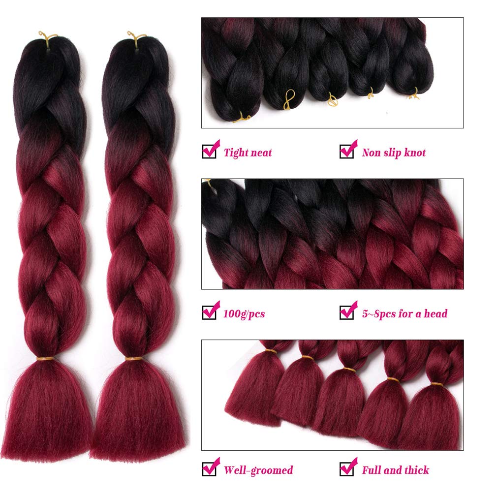 Ombre Braiding Hair 24inch Jumbo Braids High Temperature Fiber Synthetic Hair Extension 5pcs/Lot 100g/pc for Twist Braiding Hair (24inch(Pack of 5), Black-Wine Red)